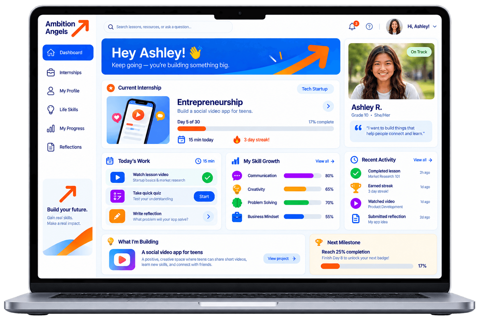 Student dashboard on a laptop: a 30-day entrepreneurship internship in progress, with today's work, skill growth, and what the student is building
