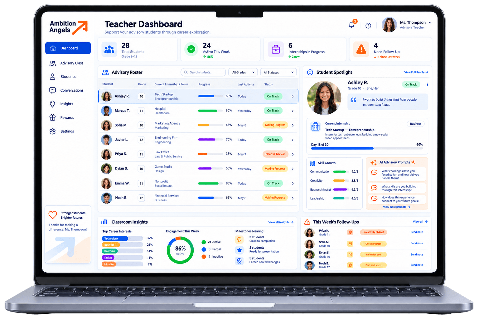 Teacher dashboard on a laptop: an advisory roster showing each student's current internship, progress, and status, with a student spotlight, conversation prompts, and this week's follow-ups